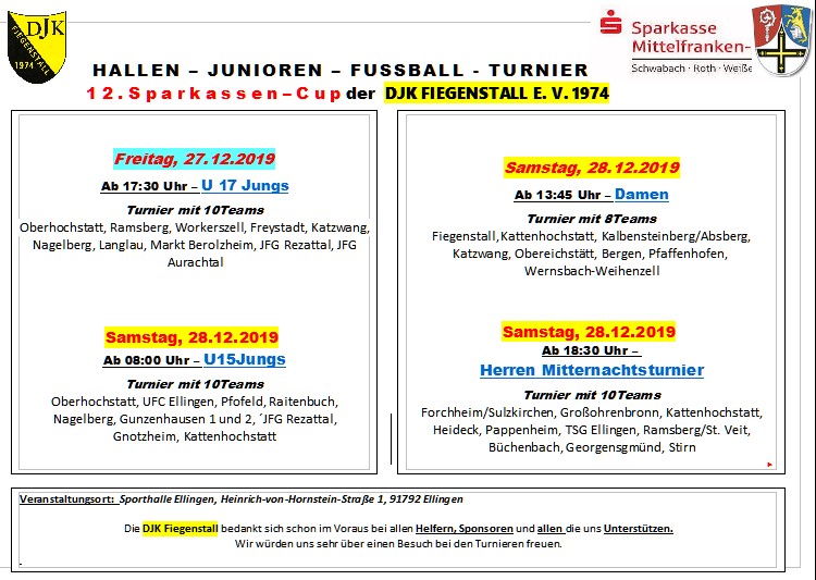 Hallenturnier DJK Fiegenstall U15, 17 Jungs, Damen, Herren am 27.12 und 28.12